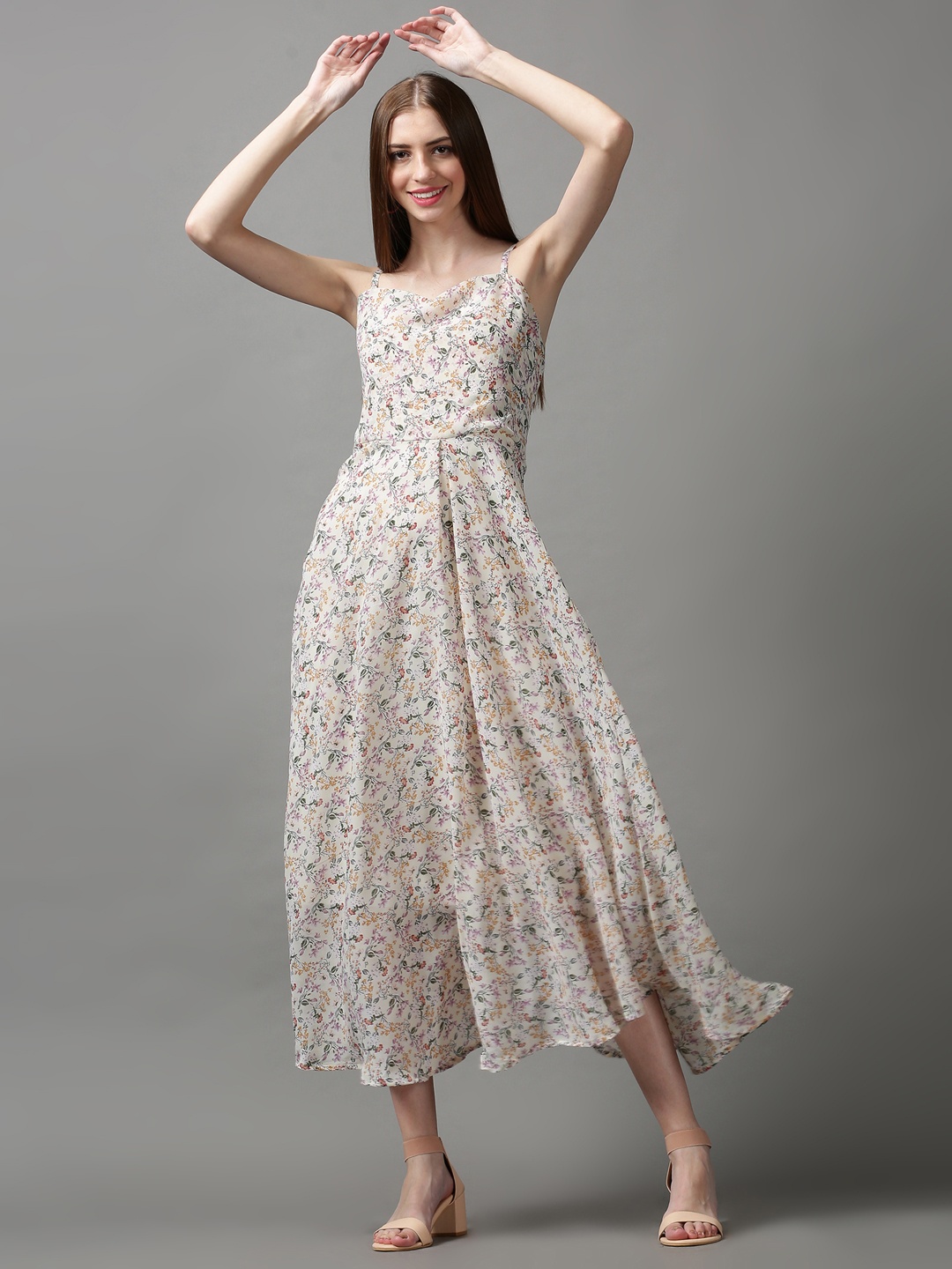

SHOWOFF Women Floral Georgette A-Line Midi Dress, Cream