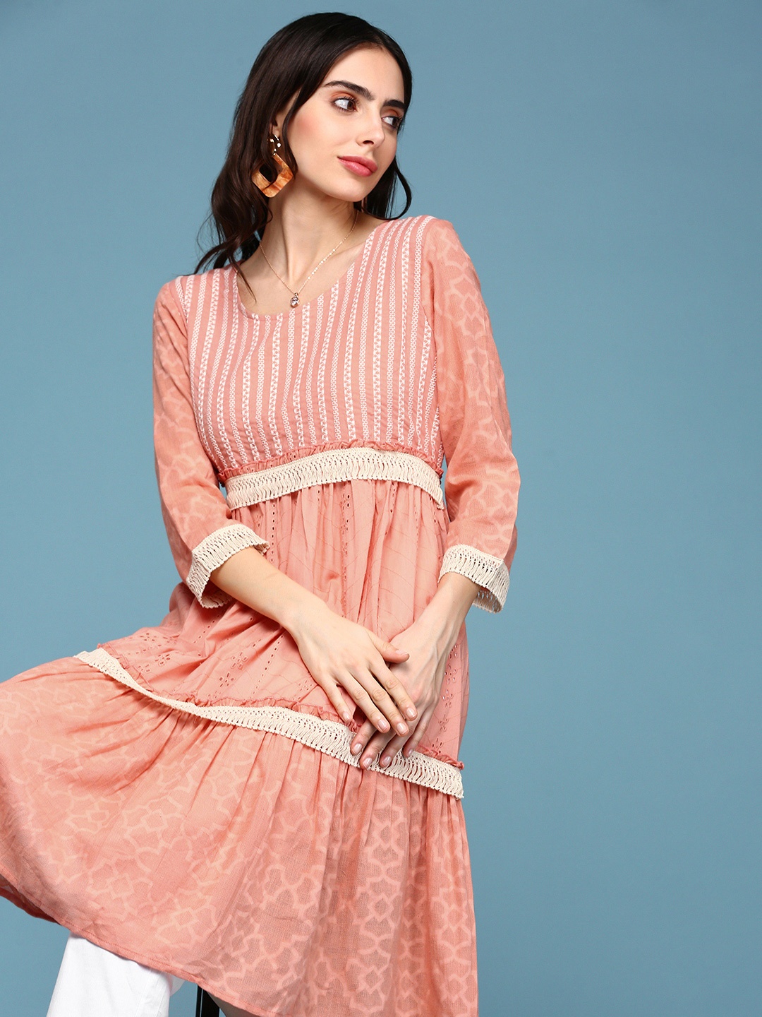 

SHOWOFFWomen Self Design Knee Length A-Line Midi Dress, Peach