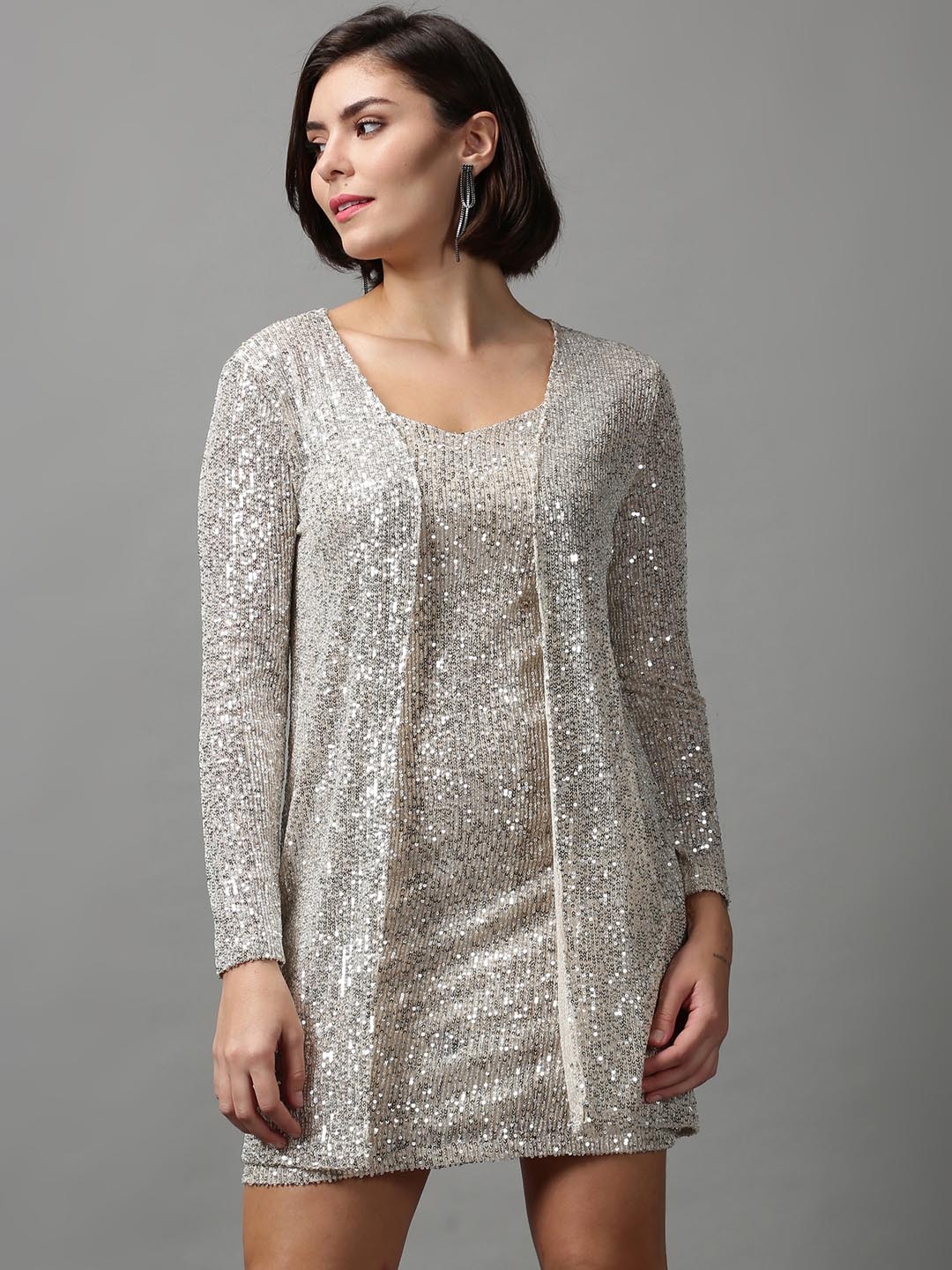 

SHOWOFF Women Embellished Net Sheath Dress, Beige