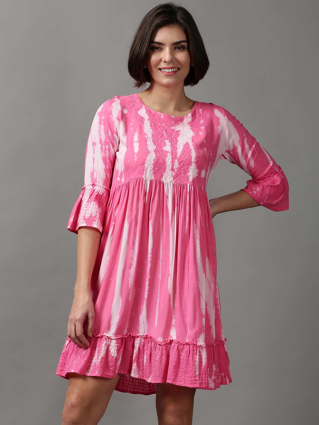 

SHOWOFF Women Tie and Dye Cotton A-Line Dress, Pink