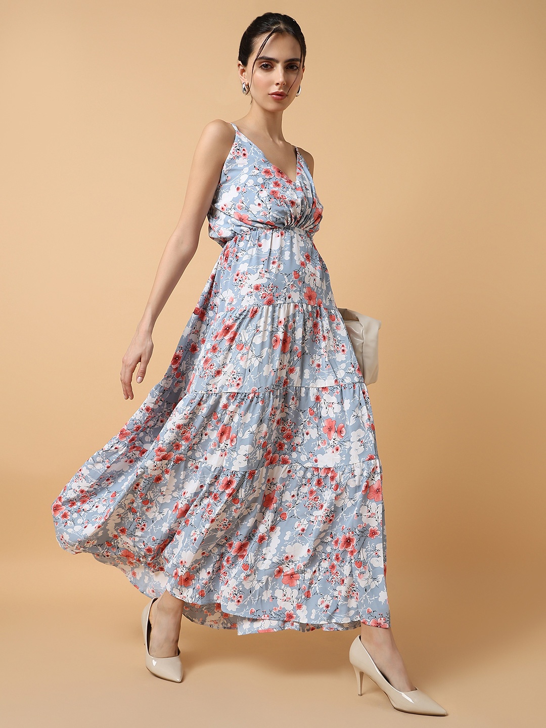 

SHOWOFF Women Floral Printed Tiered Crepe Maxi Dress, Blue