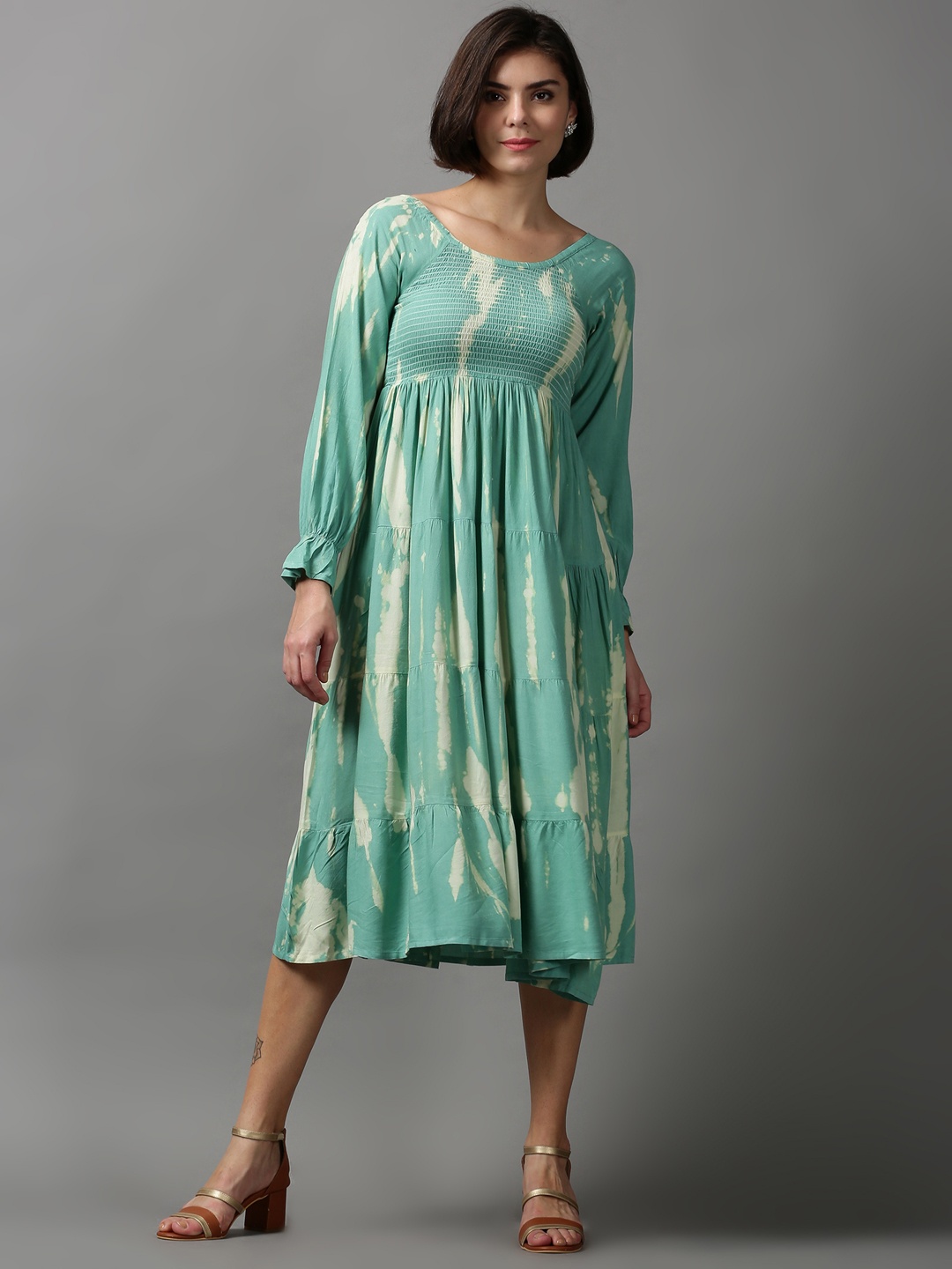 

SHOWOFF Women Floral Printed Tie and Dye Smocked Cotton Maxi Dress, Sea green