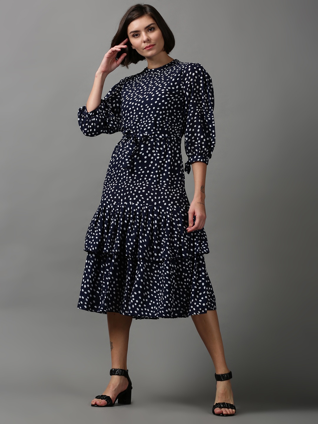 

SHOWOFF Women Polka Dot Printed Layered Chiffon Dress, Navy blue