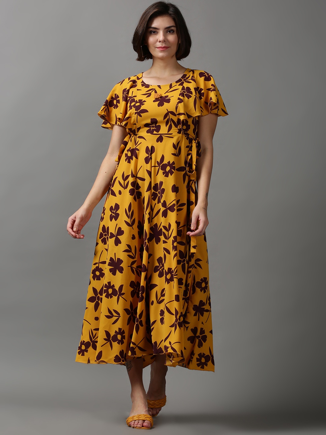 

SHOWOFF Women Floral Printed Crepe Midi Dress, Mustard