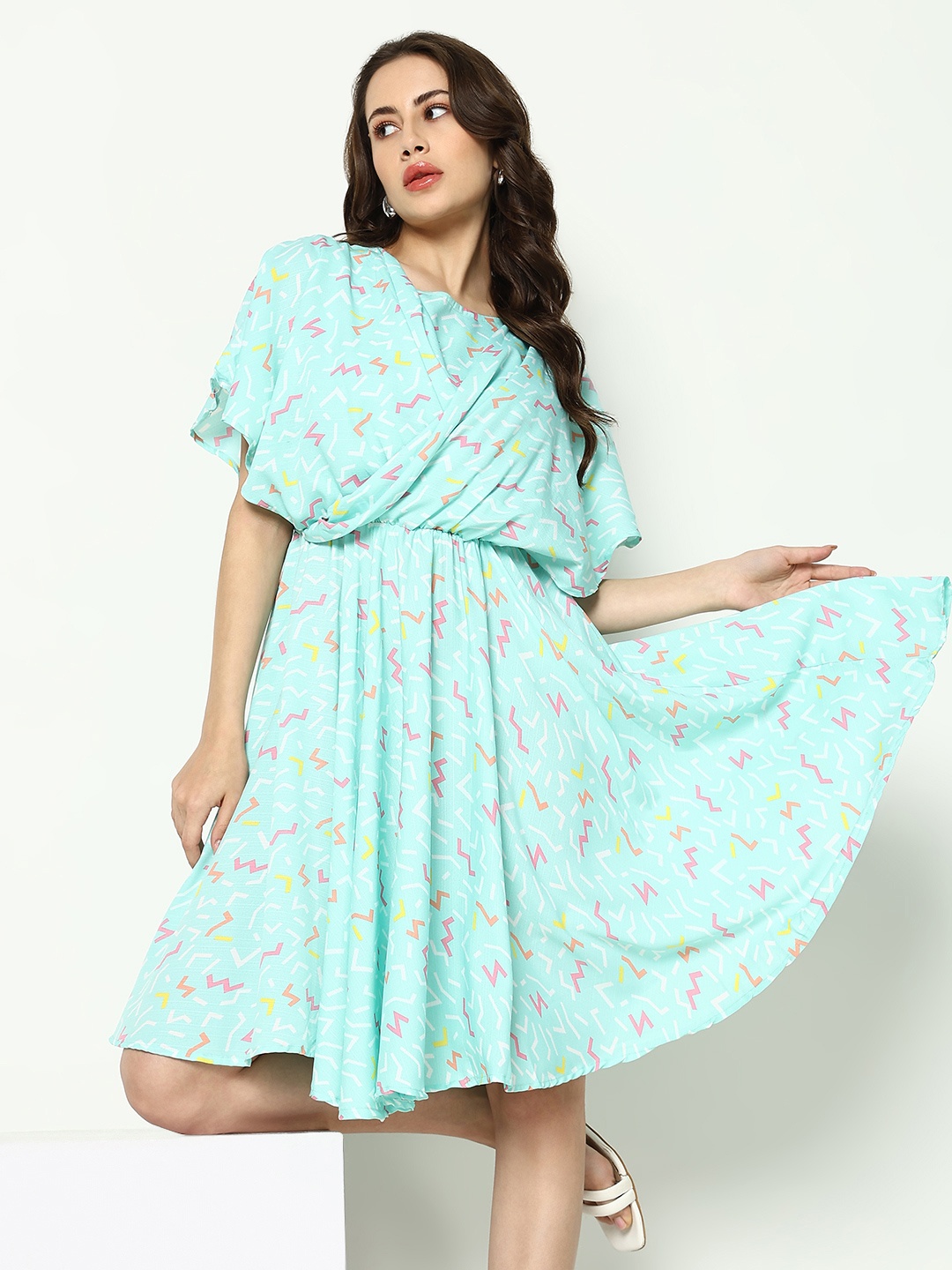 

SHOWOFF Women Printed Georgette Fit & Flare Dress, Sea green