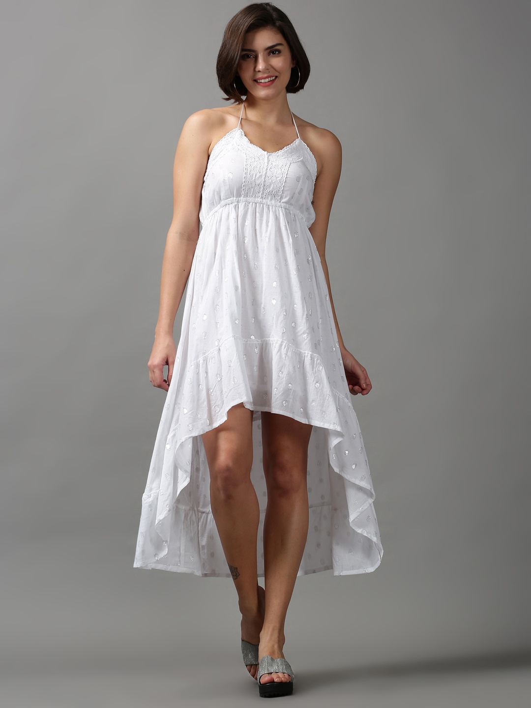 

SHOWOFF Women Self Design Halter Neck High-Low Dress, White