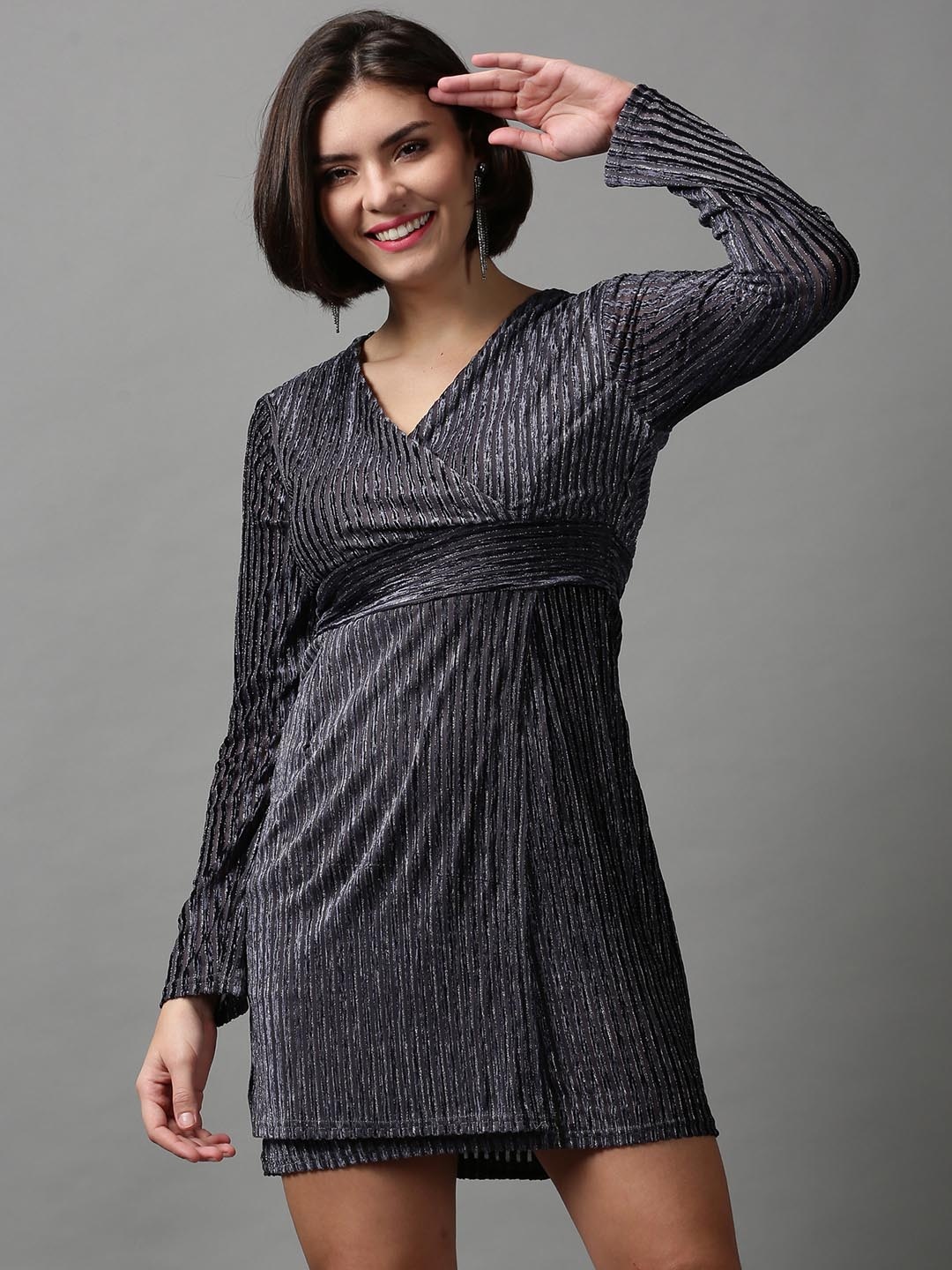 

SHOWOFF Women Self Design Wrap Dress, Grey