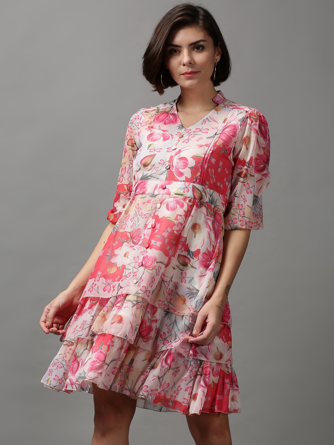

SHOWOFF Women Floral Printed Tiered Fit & Flare Dress, Pink