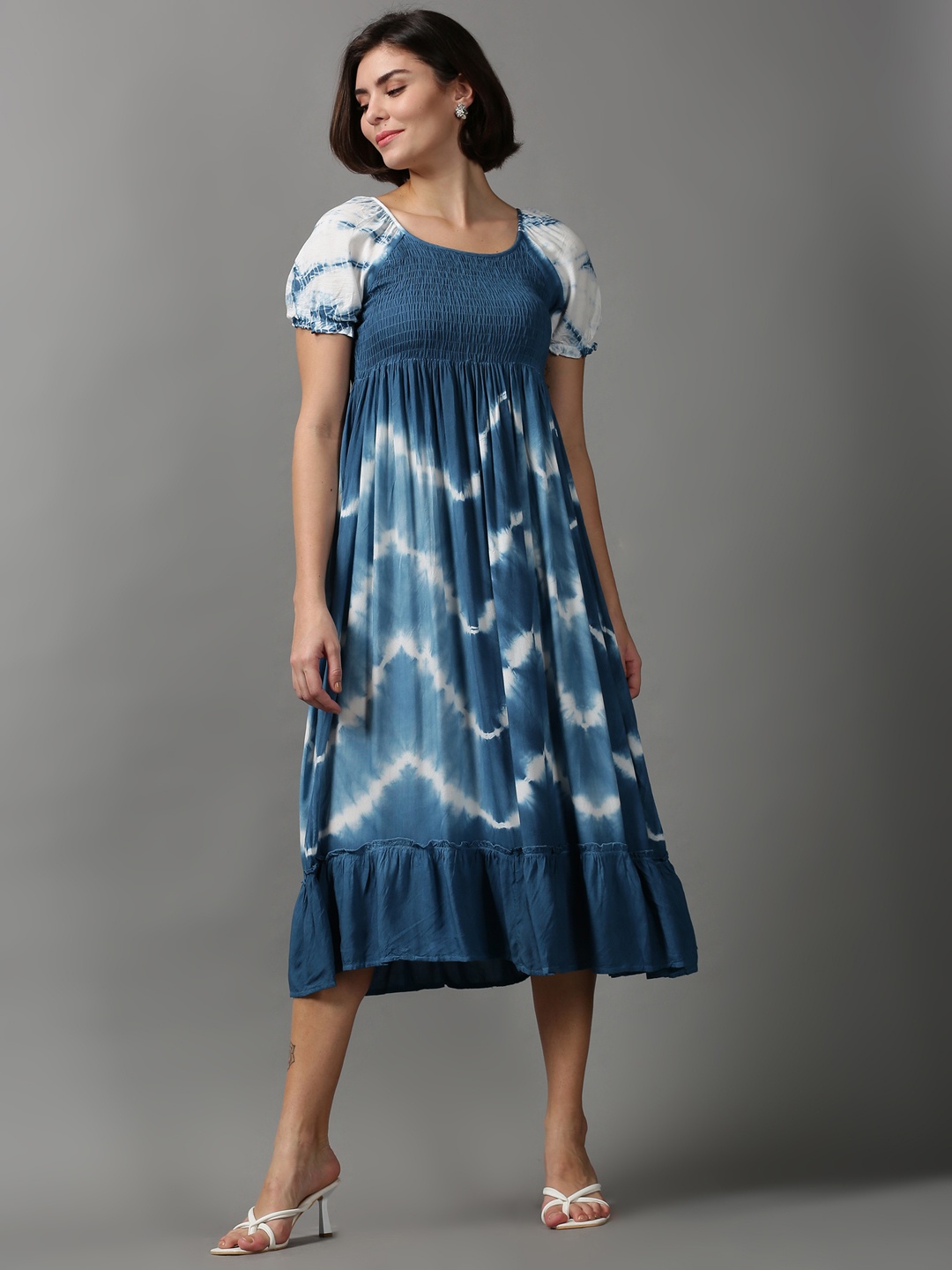 

SHOWOFF Women Tie & Dye Smocked Cotton Dress, Blue