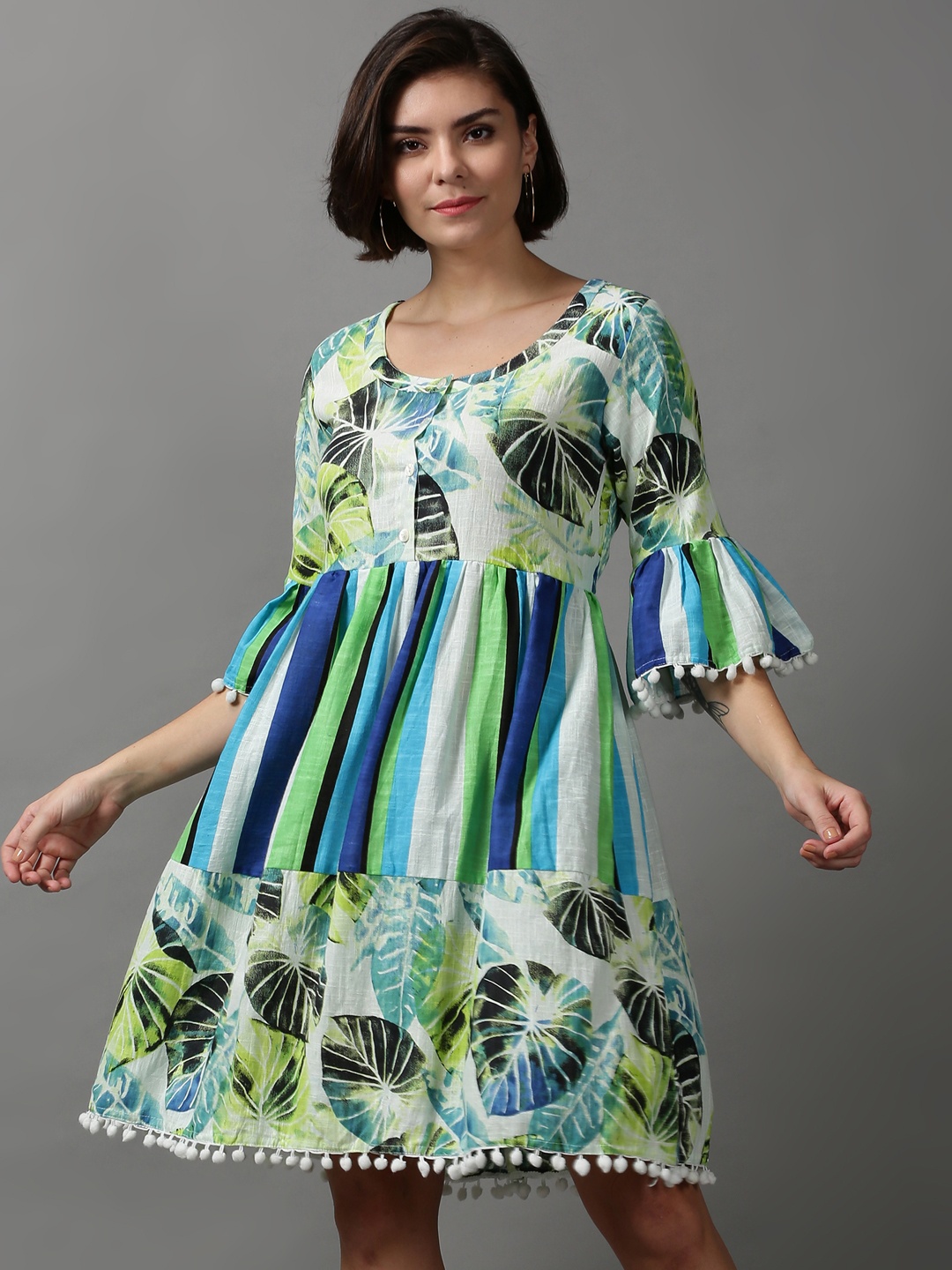 

SHOWOFF Women Tropical Printed Cotton Fit & Flare Dress, Green