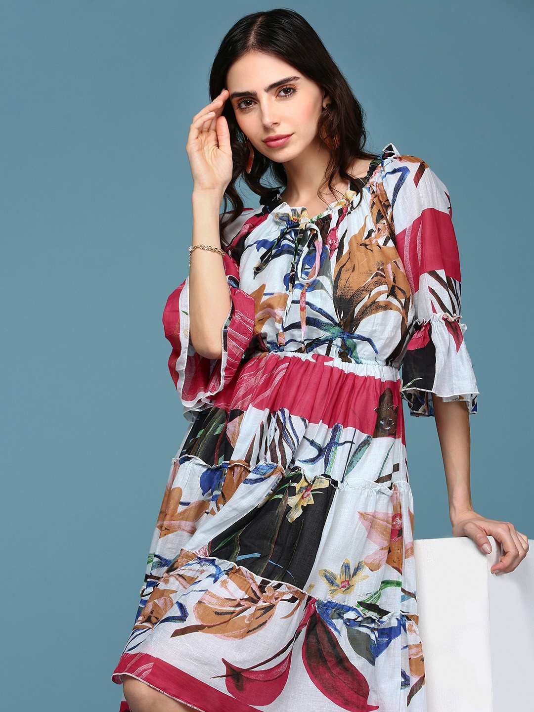 

SHOWOFF Women Floral Printed Off- Shoulder Cotton Tiered Dress, White