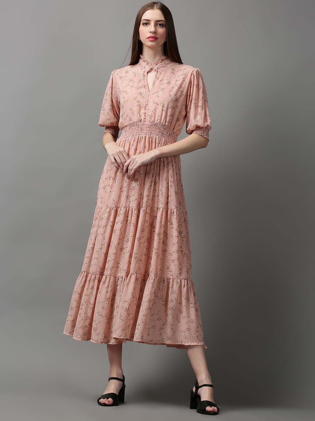 

SHOWOFF Women Floral Printed Fit and Flare Midi Dress, Peach