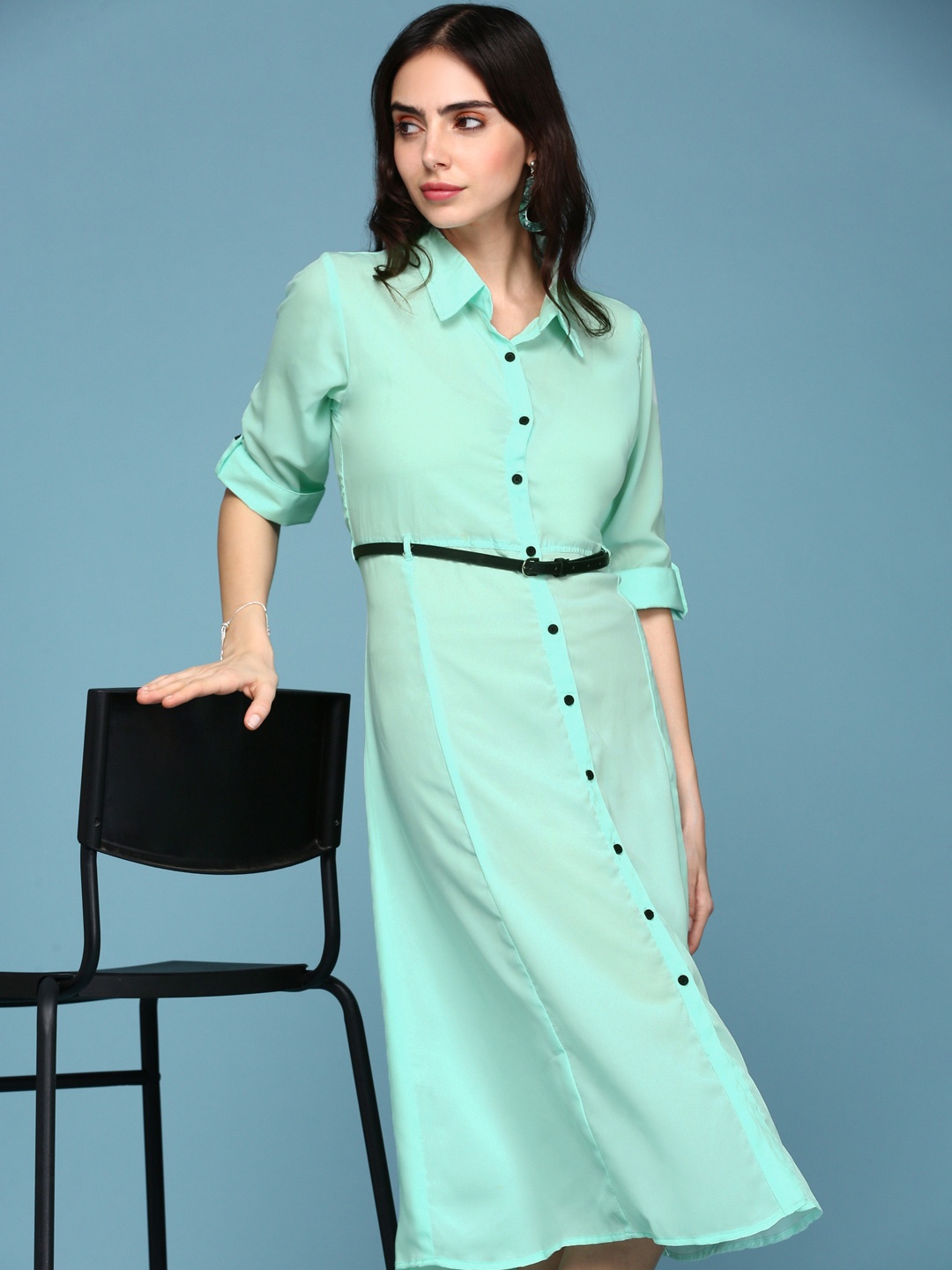 

SHOWOFF Women Solid Roll-Up Sleeves Shirt Style Midi Dress, Sea green