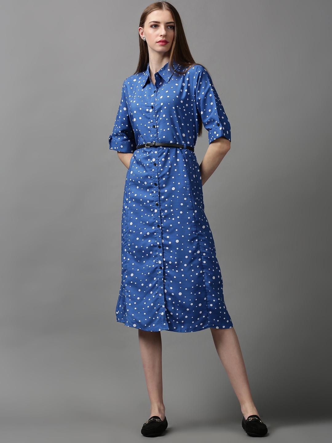 

SHOWOFF Women Polka Dots Printed Cotton Shirt Midi Dress, Blue