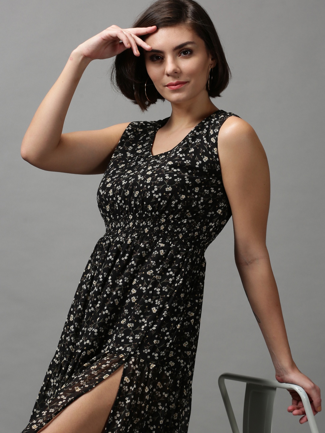 

SHOWOFF Women Floral Printed V-Neck Georgette Midi Dress, Black