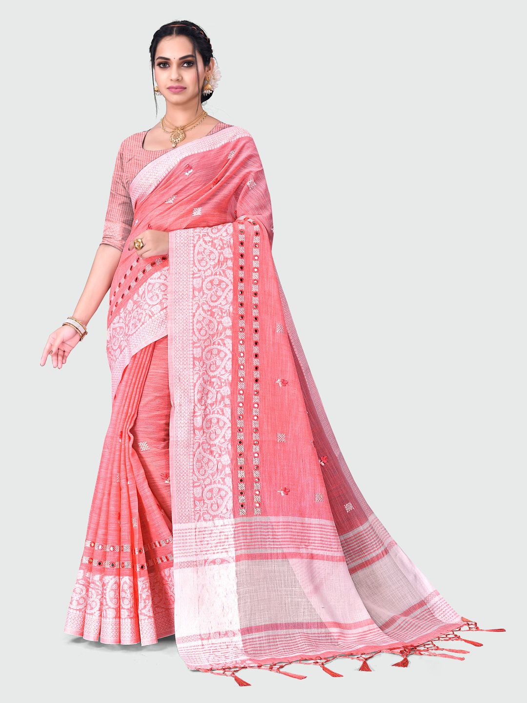 

Mitera Zari Linen Blend Saree, Pink