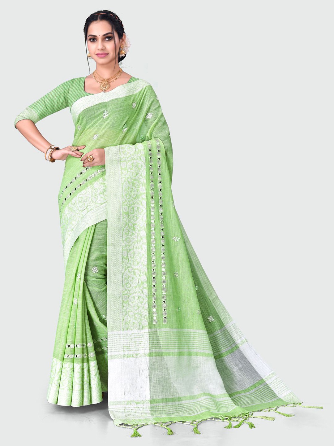 

Mitera Zari Linen Blend Saree, Green