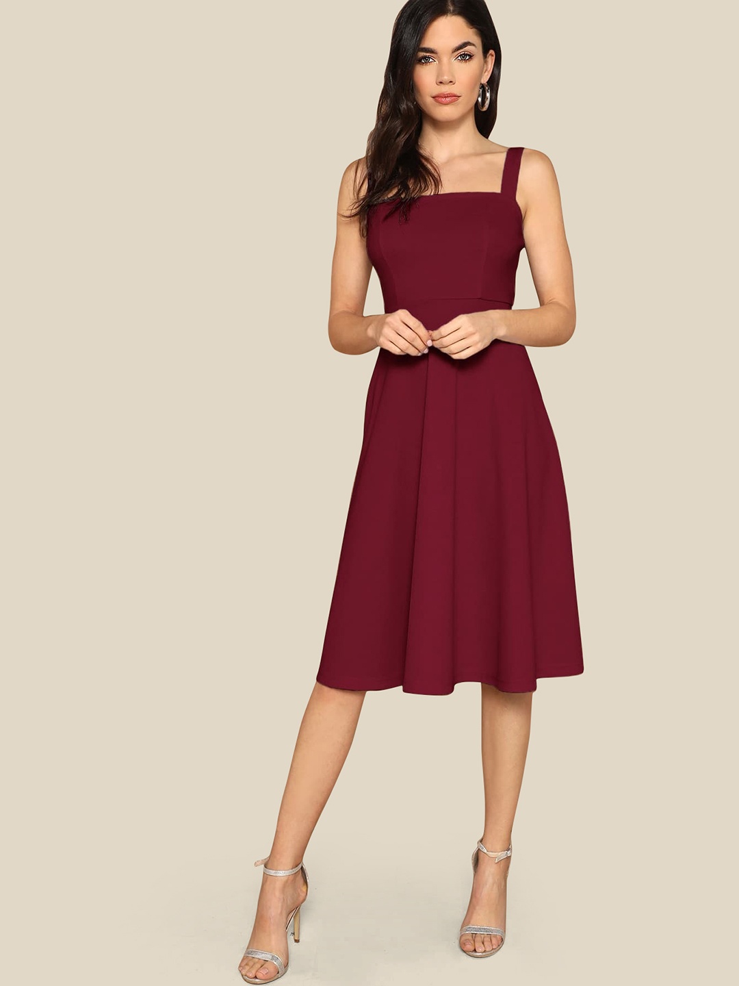 

AAHWAN Women Fit and Flare Dress, Maroon