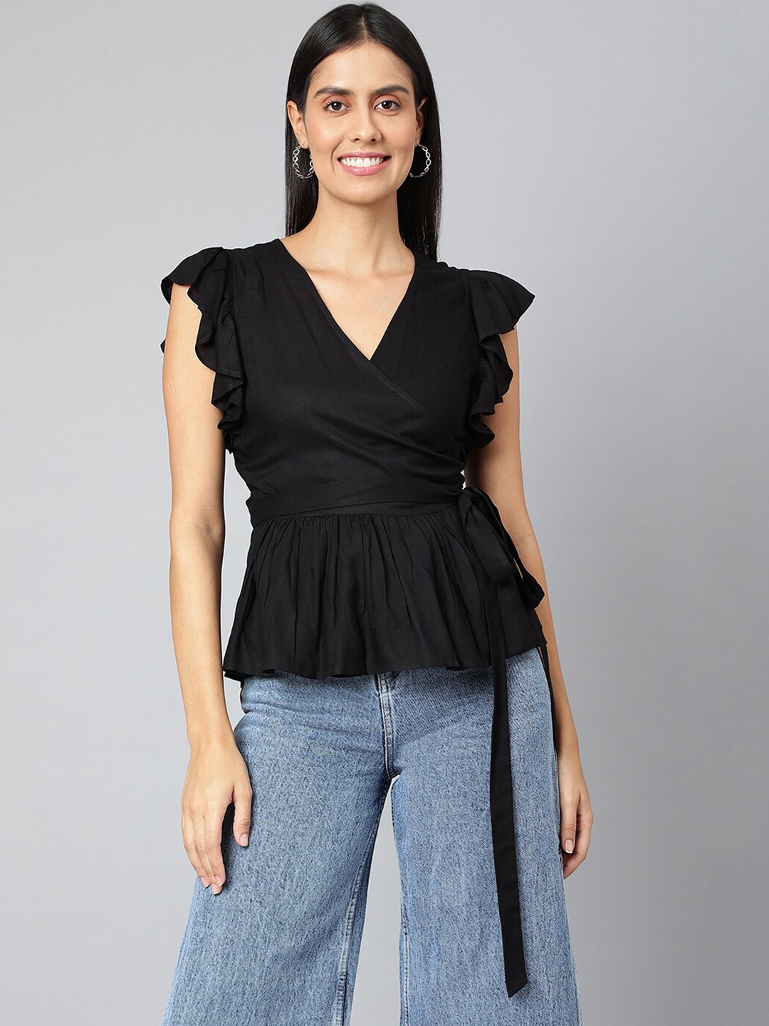 

FINSBURY LONDON Women V-Neck Pure Cotton Wrap Top, Black