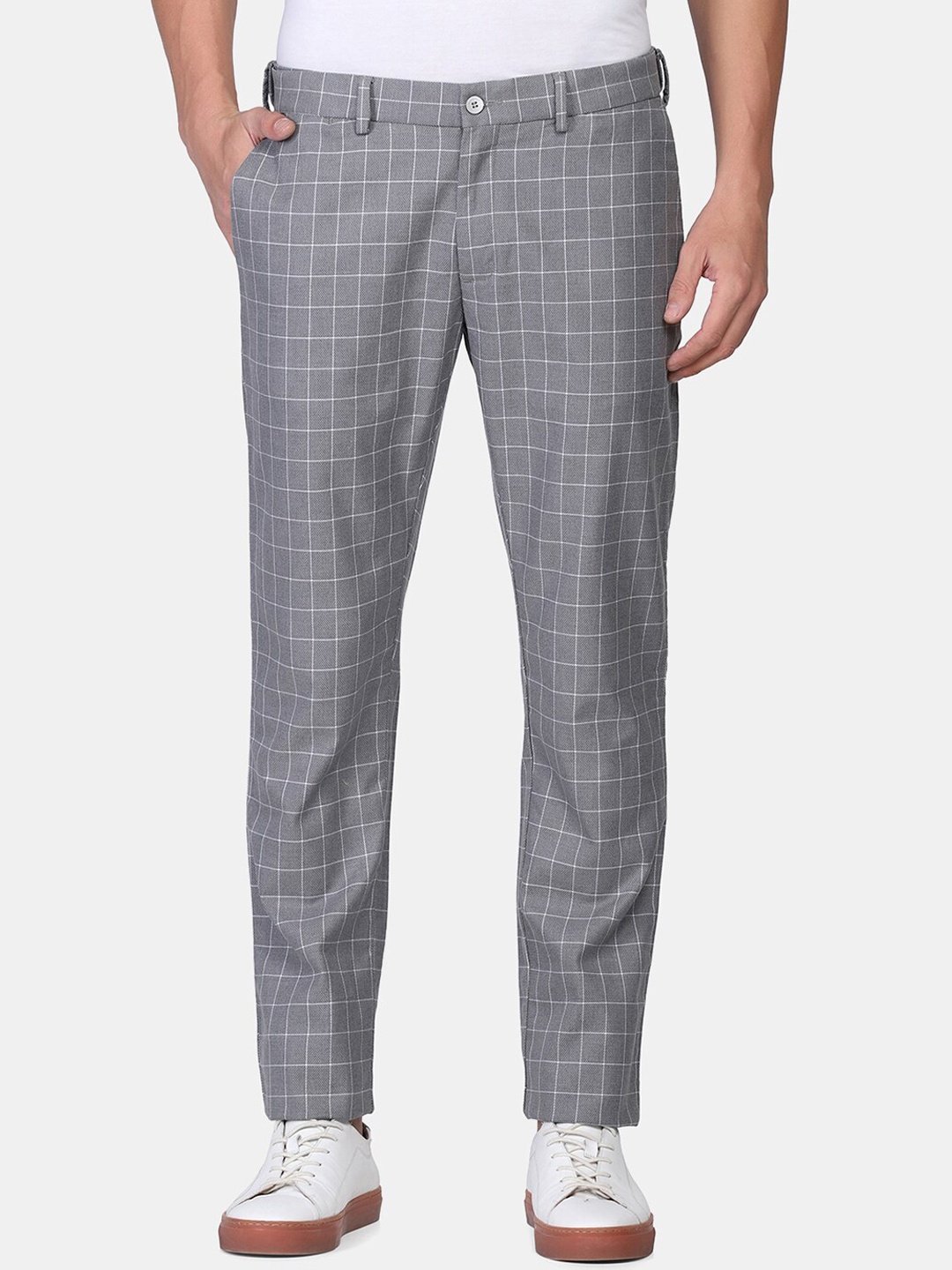 

Blackberrys Men Grey Checked Slim Fit Trousers