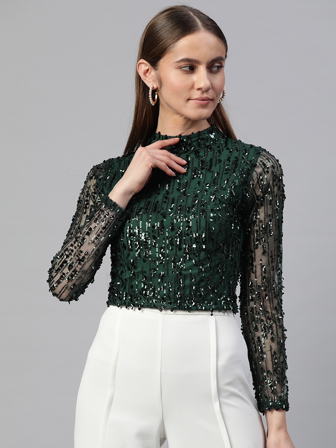 

plusS Teal-Green Embellished Mandarin Collar Top