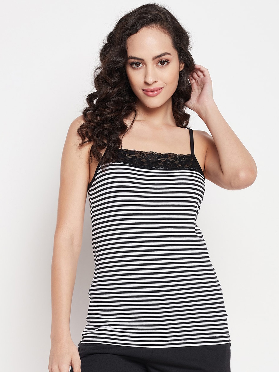 

Clovia Women Striped Cotton Camisoles, Black