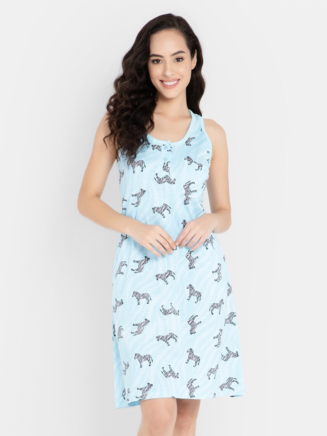 

Clovia Cotton Zebra Print T-Shirt Nightdress, Blue
