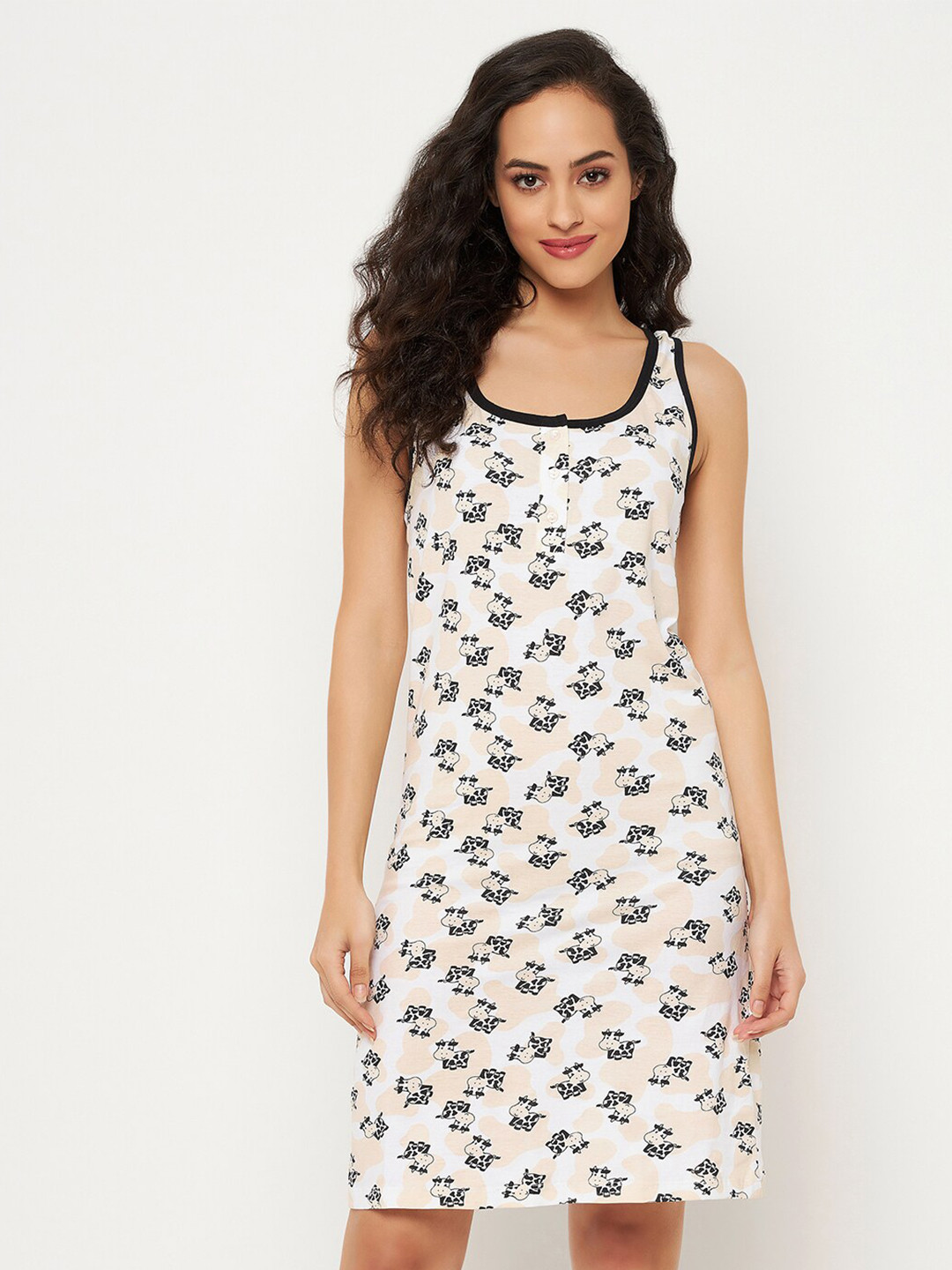 

Clovia Cotton Cow Print Short Nightdress With Pocket, White