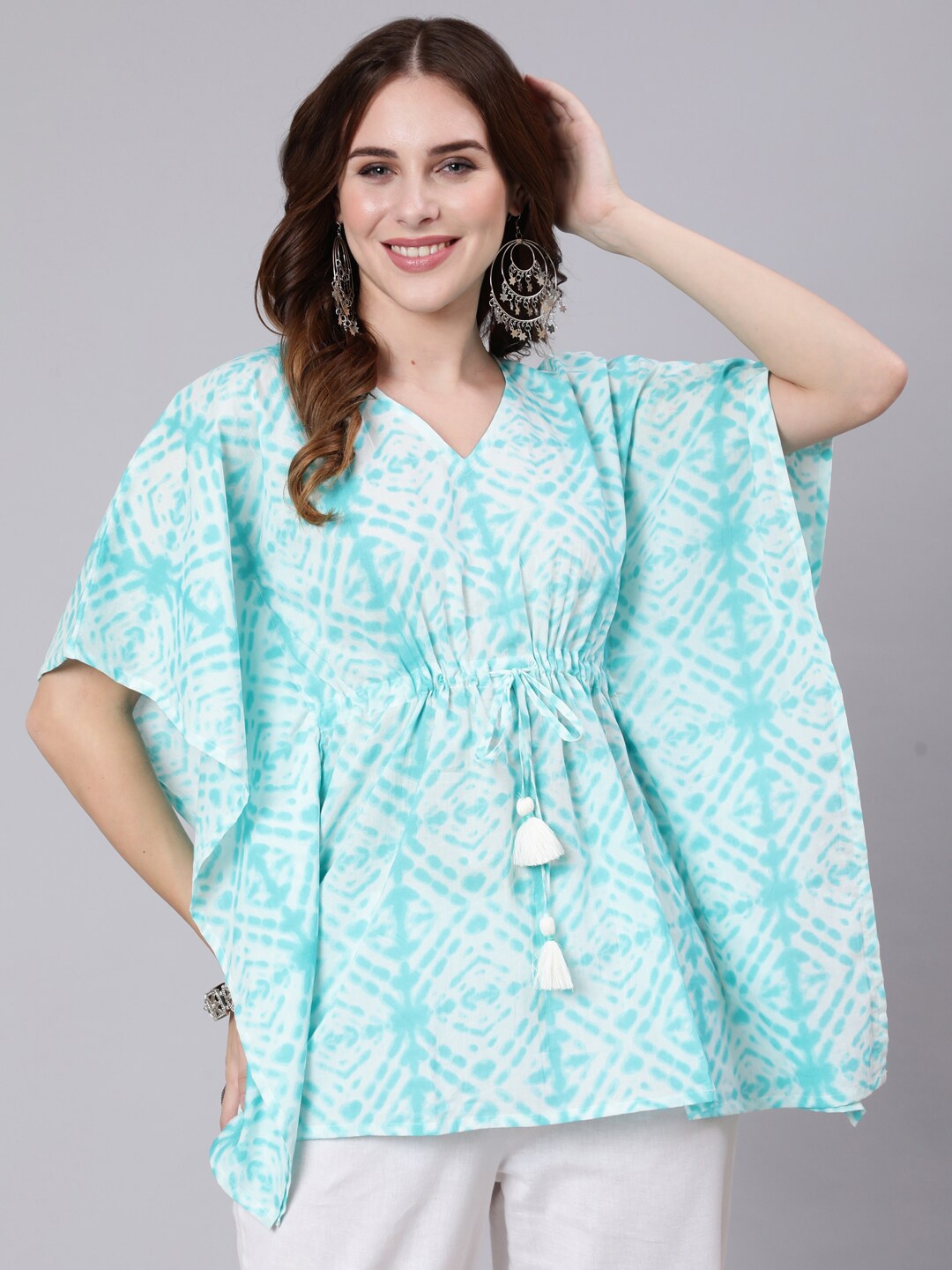 

ETHNIC STREET Women Dyed Pure Cotton Kaftan Top, Sea green