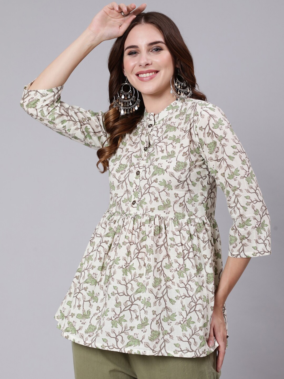 

ETHNIC STREET Women Floral Printed Pure Cotton Empire Top, Off white