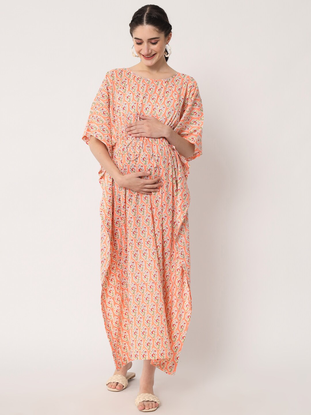 

Aujjessa Women Floral Printed Cotton Maternity Kaftan Dress, Peach