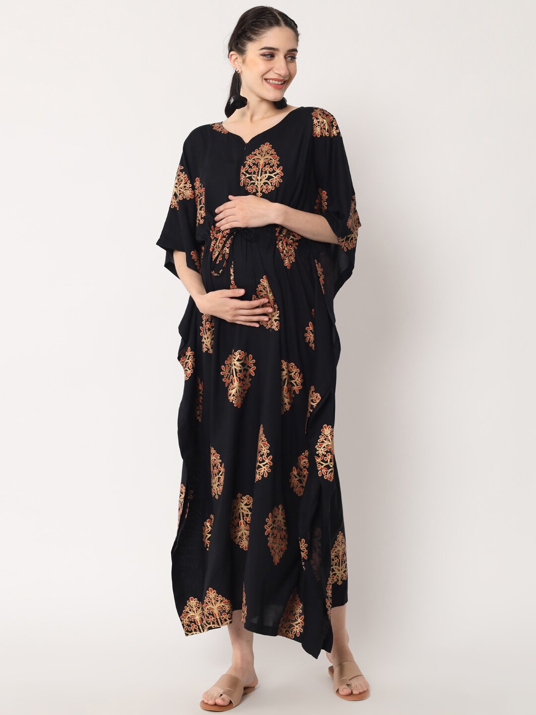 

Aujjessa Women Floral Printed Maternity Kaftan Dress, Black