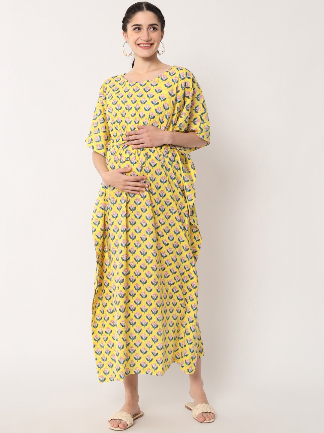 

Aujjessa Women Floral Printed Cotton Maternity Kaftan Dress, Yellow