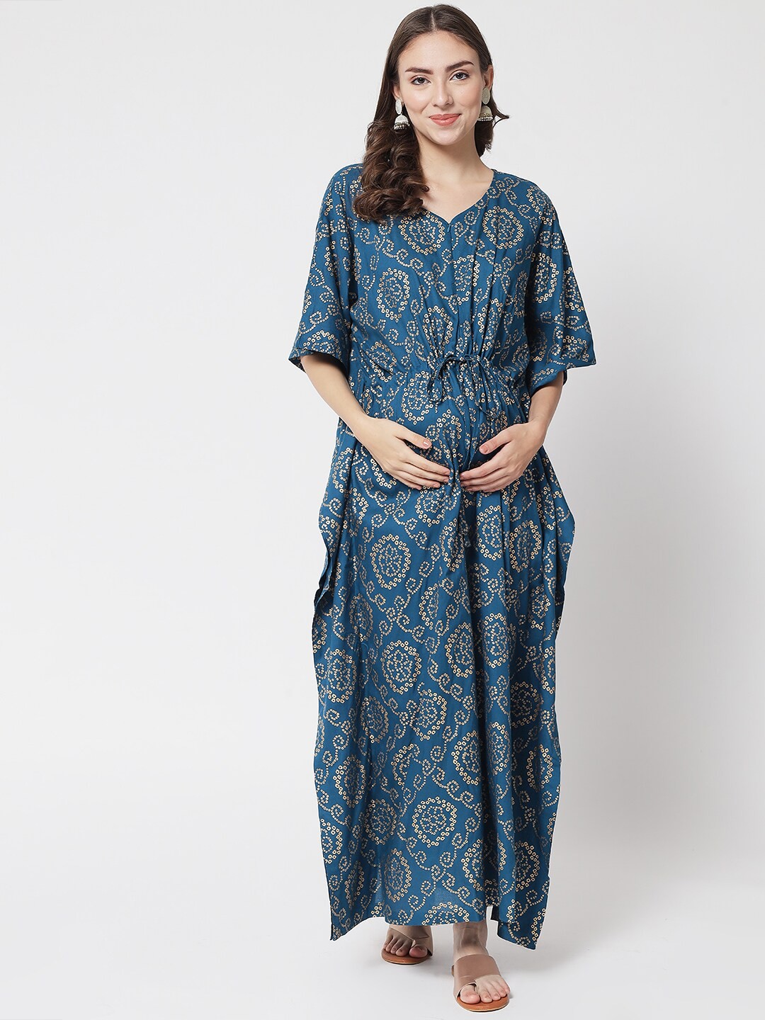 

Aujjessa Women Ethnic Motif Printed Maternity Kaftan Dress, Teal