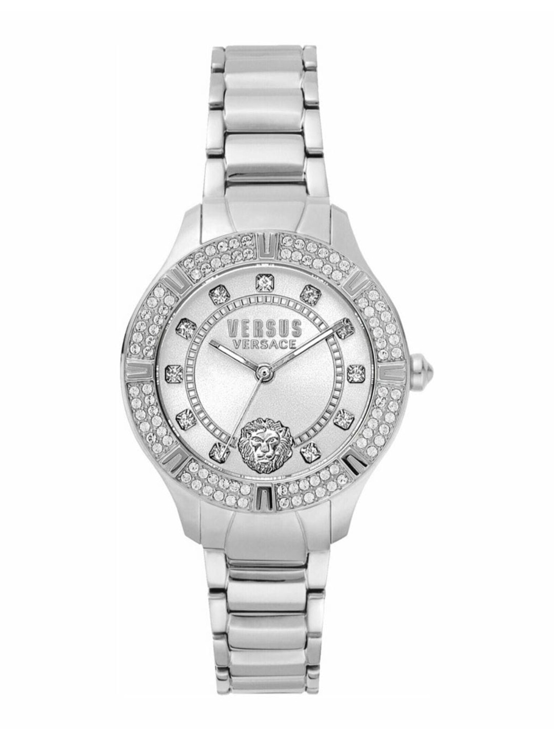 

Versus Women Silver-Toned Brass Embellished Dial & Silver Toned Stainless Steel Bracelet Style Straps Watch