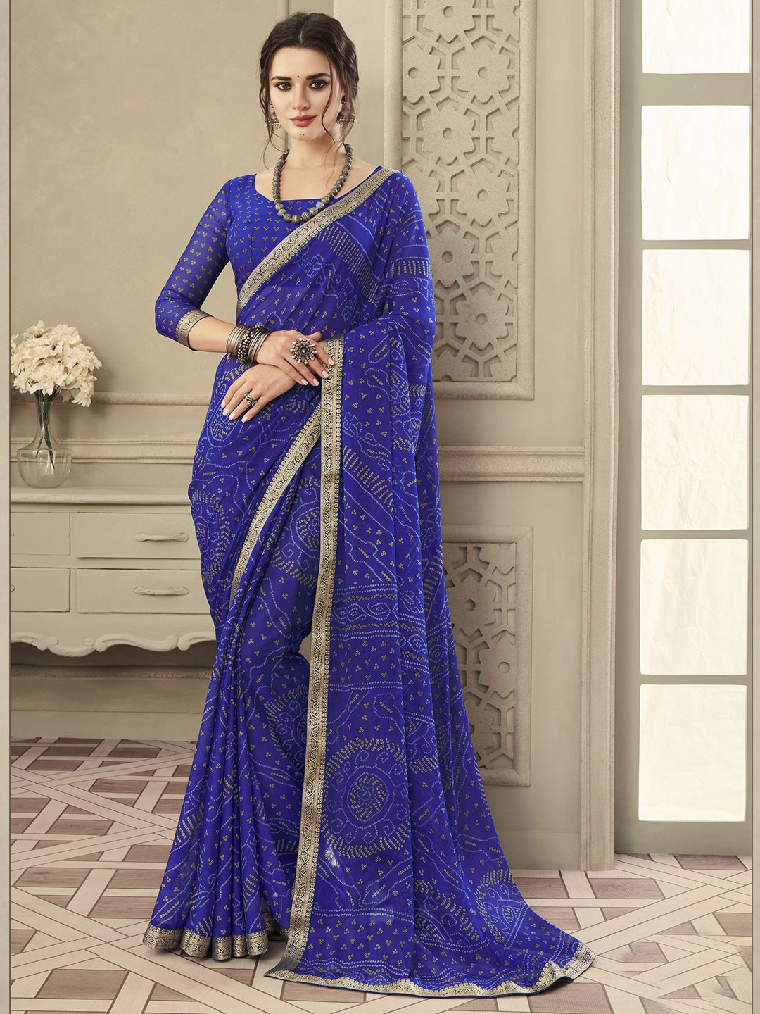 

Satrani Bandhani Zari Bandhani Saree, Blue