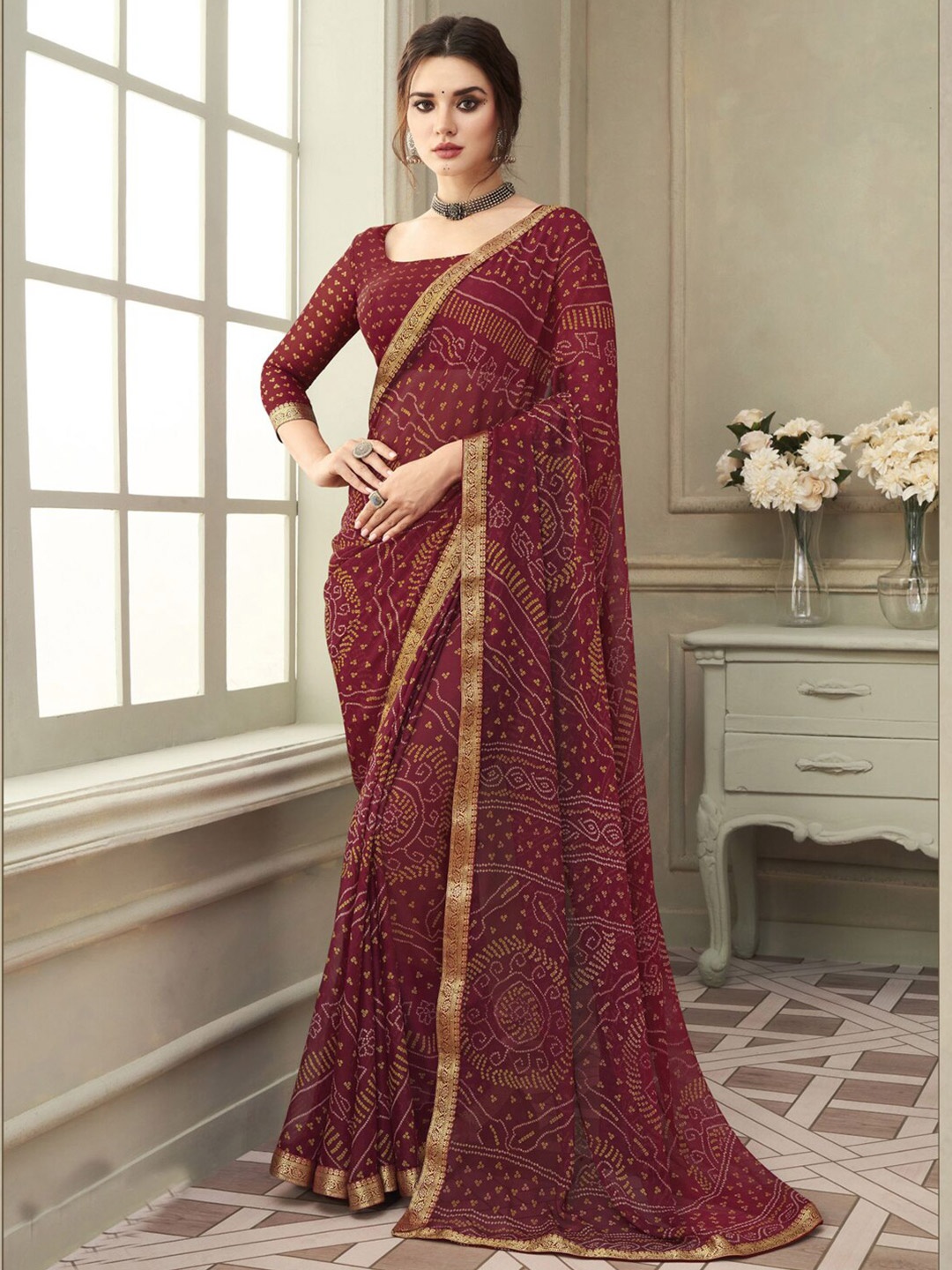 

Satrani Bandhani Zari Bandhani Saree, Maroon