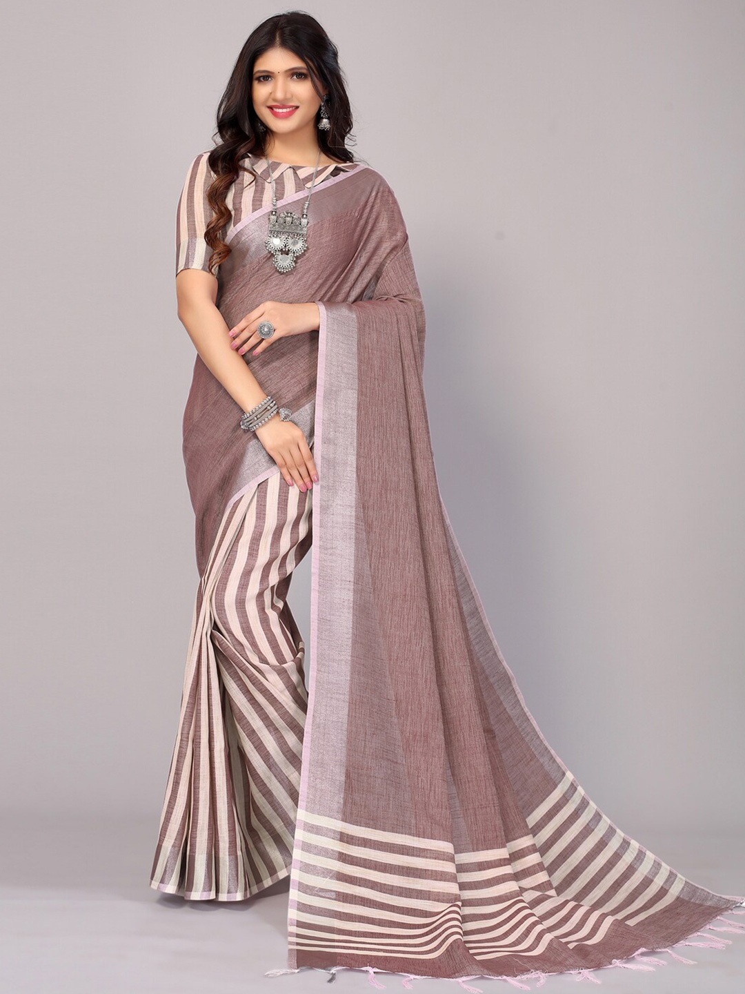 

SIRIL Striped Half and Half Leheriya Saree, Brown