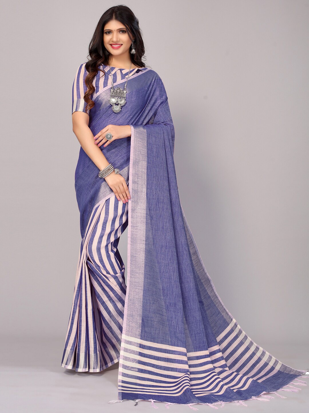 

SIRIL Striped Leheriya Saree, Blue