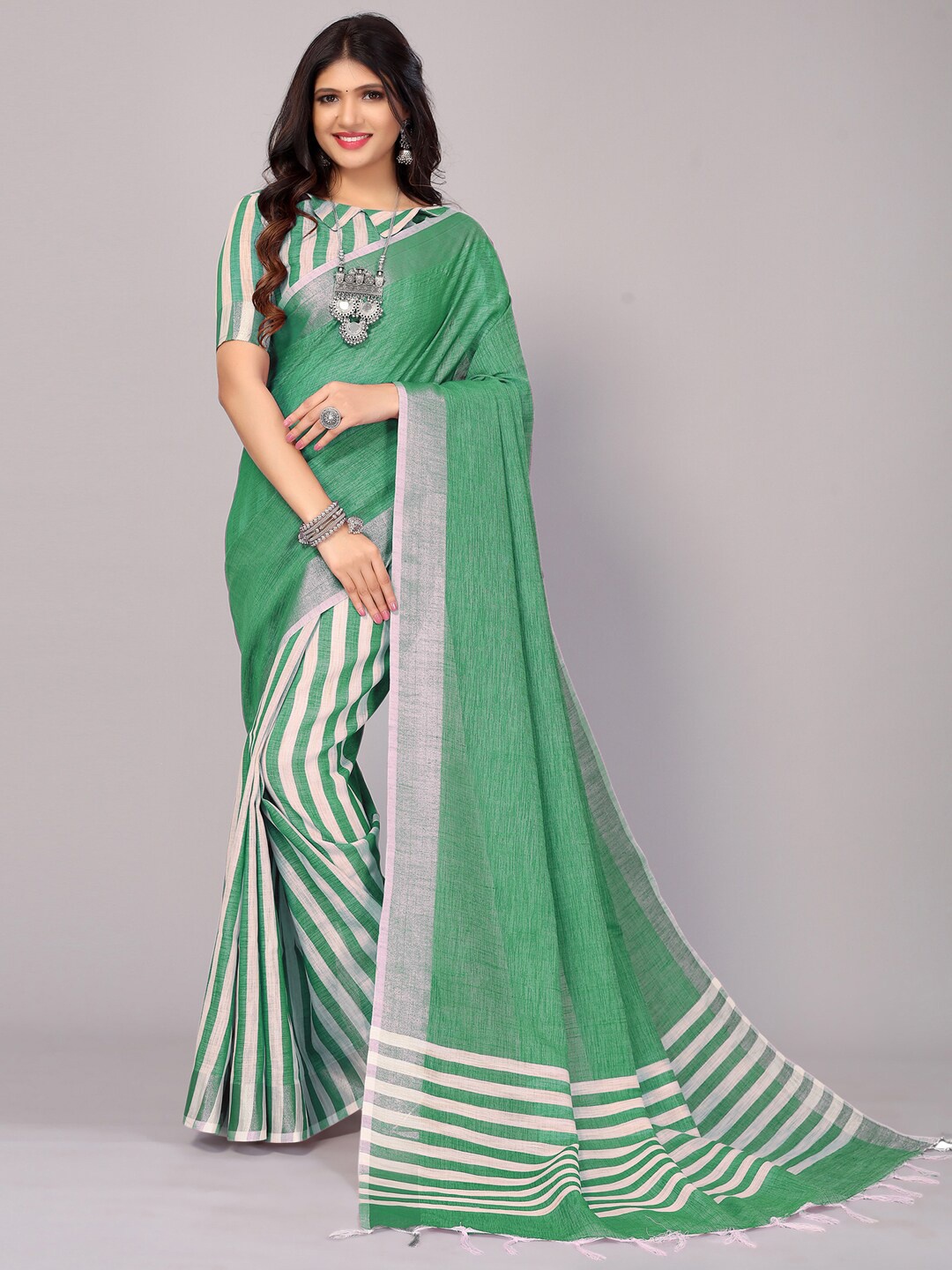 

SIRIL Striped Half and Half Leheriya Saree, Green