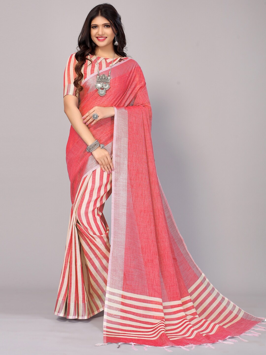 

SIRIL Striped Leheriya Saree, Pink