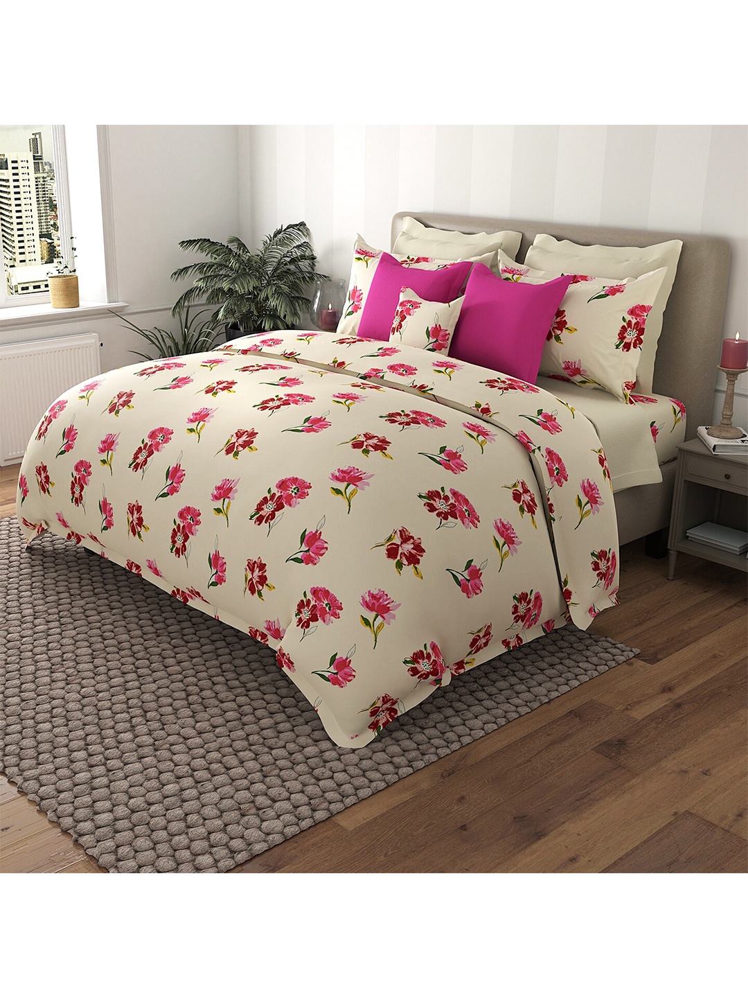 

By Adab Floral Printed 400 TC Egyptian Cotton King Bedsheet with 2 Pillow Covers, Off white