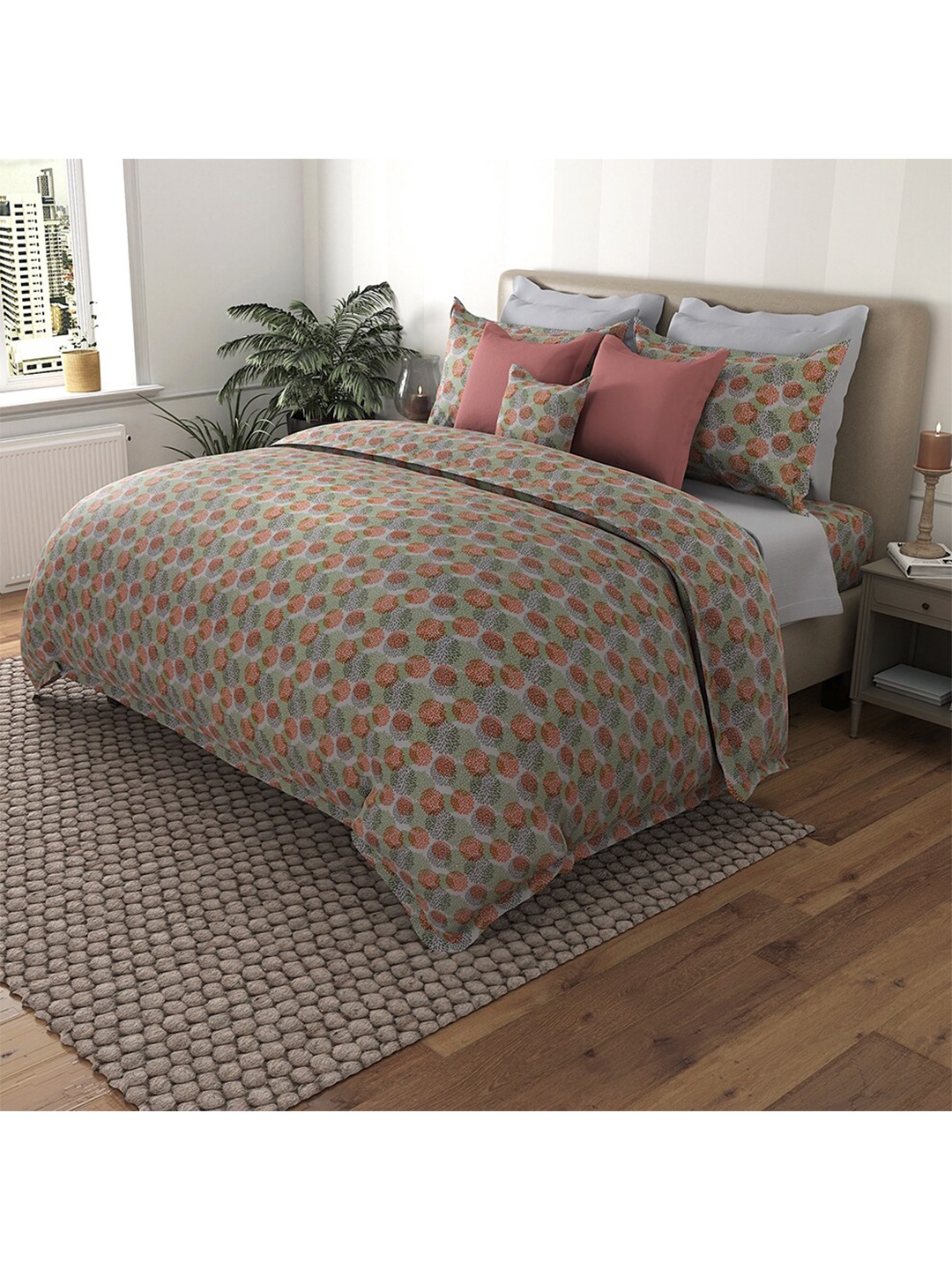 

By Adab Floral Printed 400 TC Egyptian Cotton King Bedsheet with 2 Pillow Covers, Grey