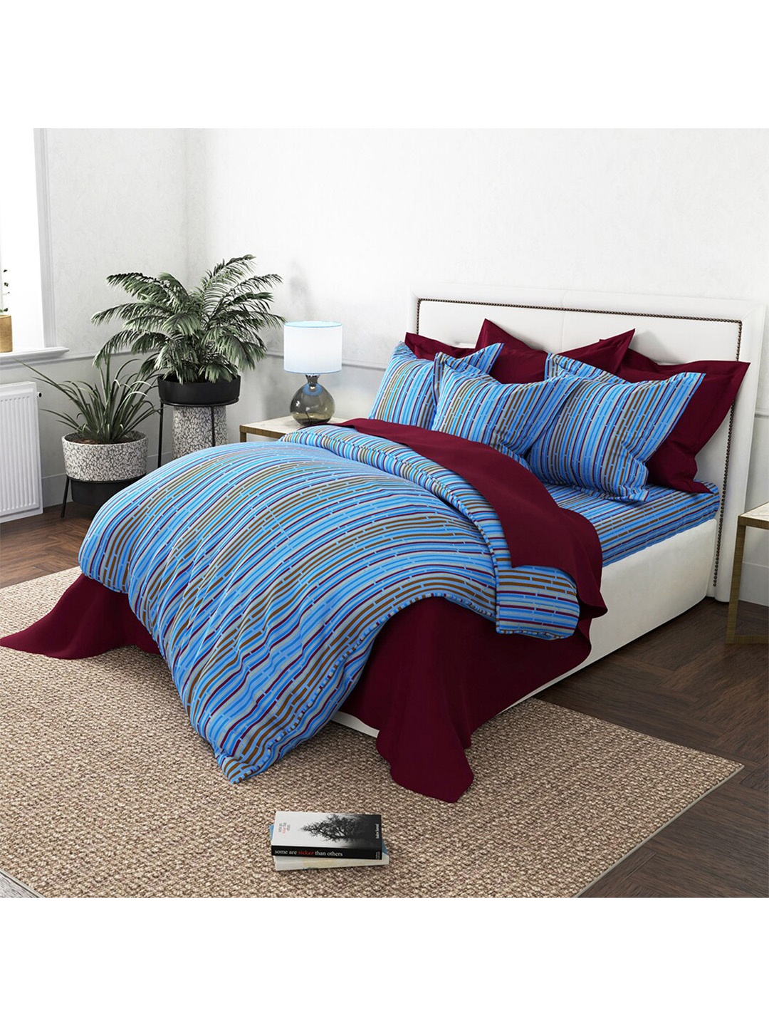 

By Adab Striped 400 TC Egyptian Cotton King Bedsheet with 2 Pillow Covers, Blue