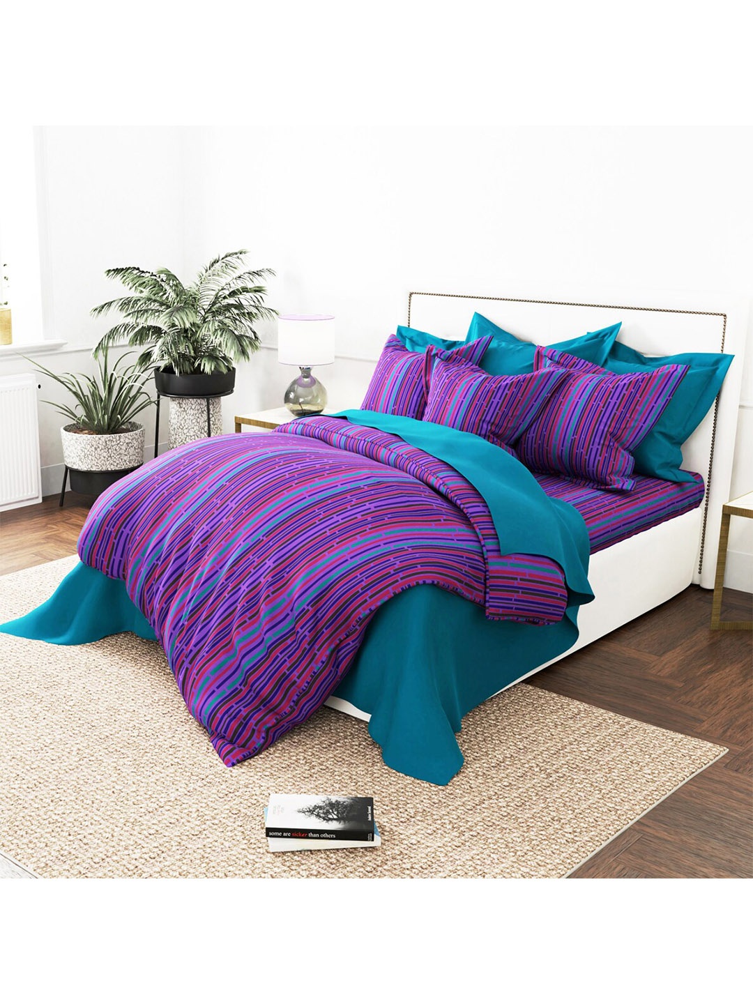 

By Adab Striped 400 TC Egyptian Cotton King Bedsheet with 2 Pillow Covers, Purple