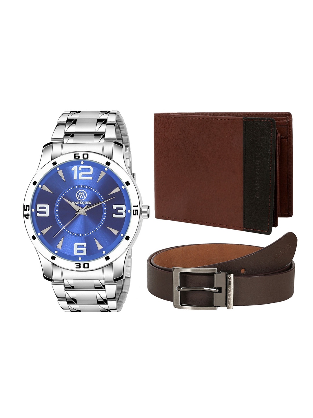 

MARKQUES Men Solid Leather Accessory Gift Set, Silver