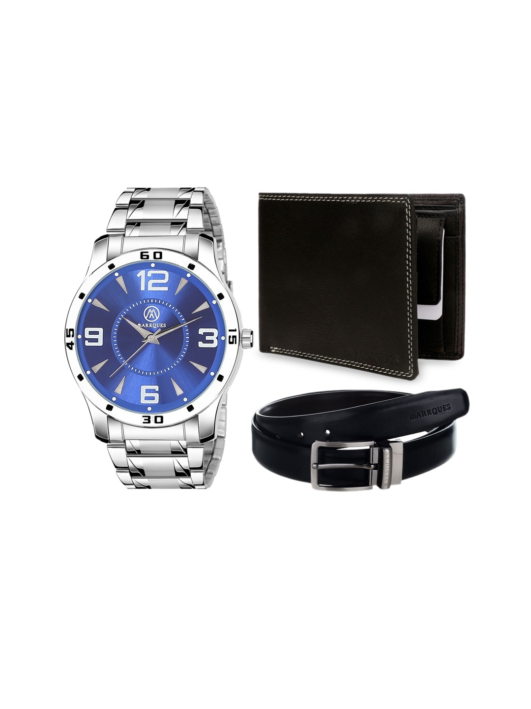 

MARKQUES Set of 3 Men's Watch, Wallet And Belt Festival Gift Set, Silver
