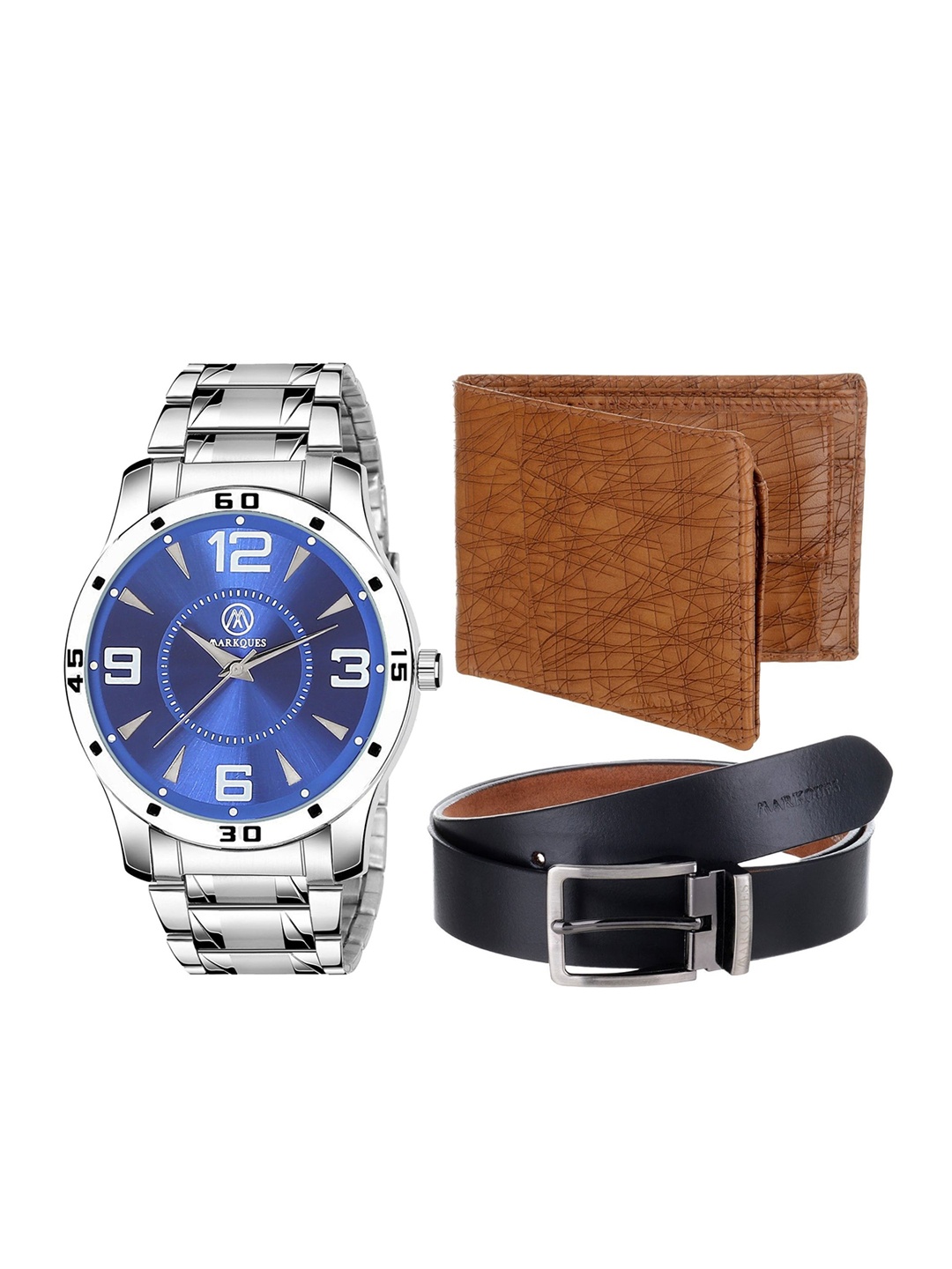 

MARKQUES Set of 3 Men's Watch, Wallet And Belt Festival Gift Set, Silver