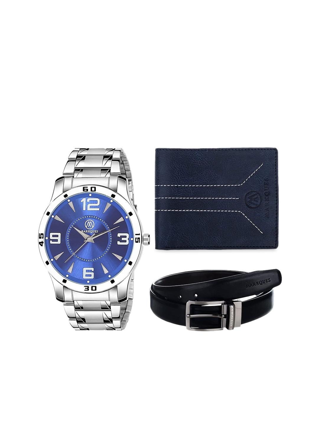 

MARKQUES Men Solid Leather Accessory Gift Set, Silver