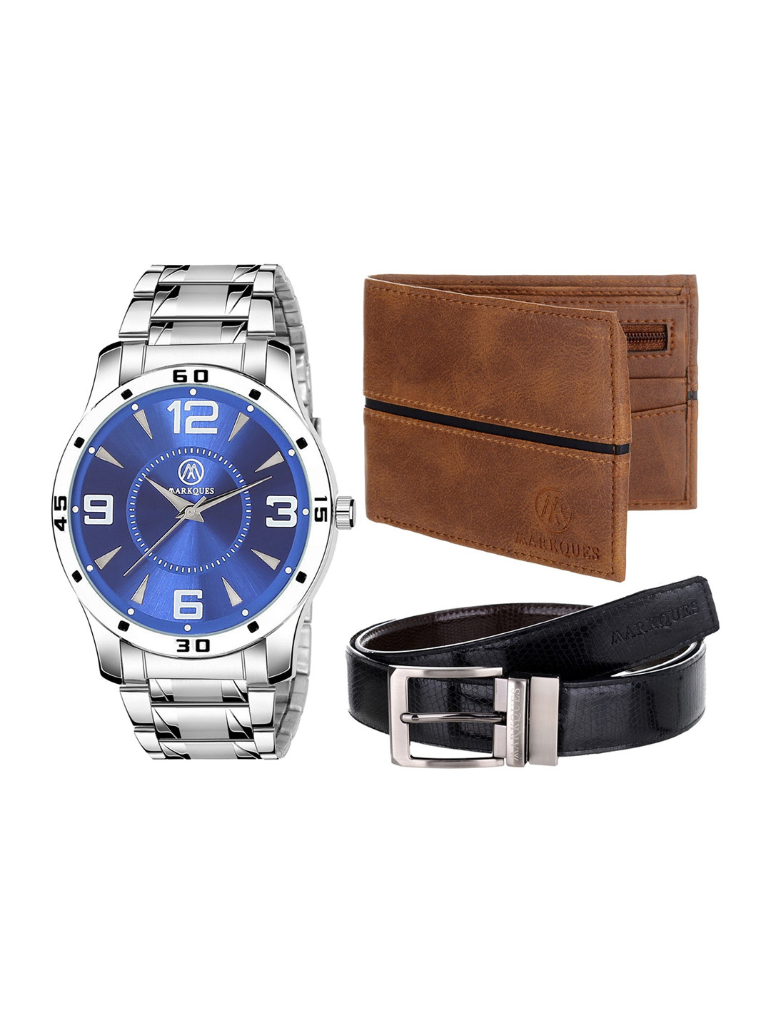 

MARKQUES Set of 3 Men's Watch, Wallet And Belt Festival Gift Set, Silver